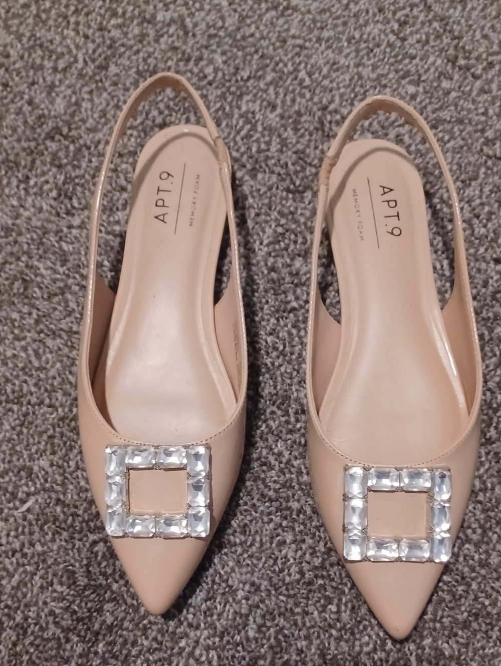 Apt. 9 Beige Pointed Slingback Flats with Crystal Square Buckle